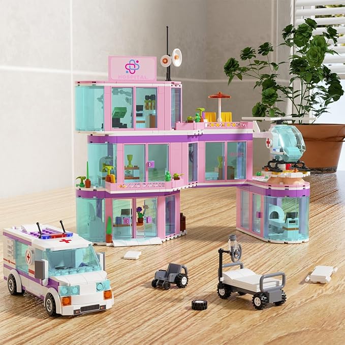 QLT QIAOLETONG Friends City Hospital Building Set Ambulance Truck with Hospital Bed Wheelchair Playset Birthday Gift for Boys Girls Kids 6+ Years Old-Compatible with Lego for Girls Age 8-12