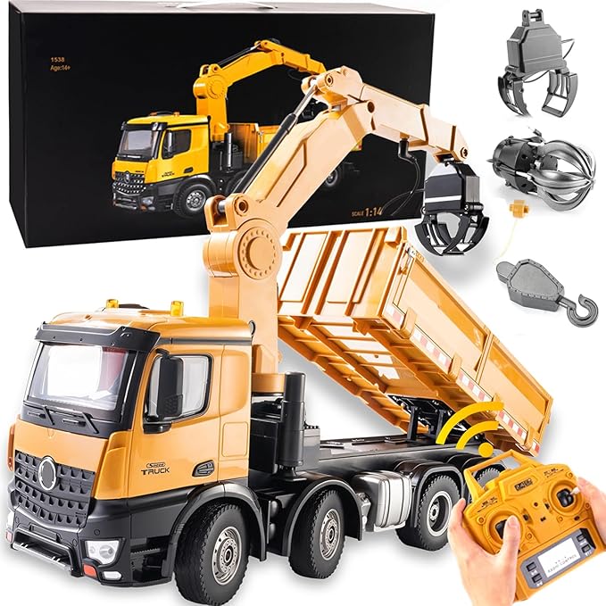 20-Inch 3 in 1 Remote Control Dump Truck Wood Grabber 26-Channels 1/14 Scale 6.6LBS Load Capacity RC Heavy Duty Metal Construction Vehicles Toy for 14y+ Beginners (8 Wheels)