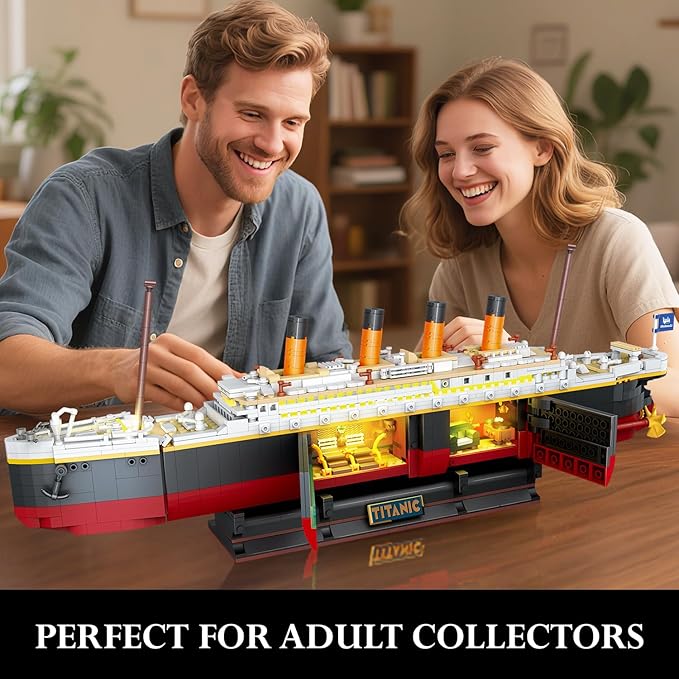2 in 1 Titanic Building Set with Lights 1935 PCS Titanic Ship Mini Building Block Kit with Glacier Display Stand Home Decor Ship Model Birck Toy Gift for Adults Teens Boys Girls 12+