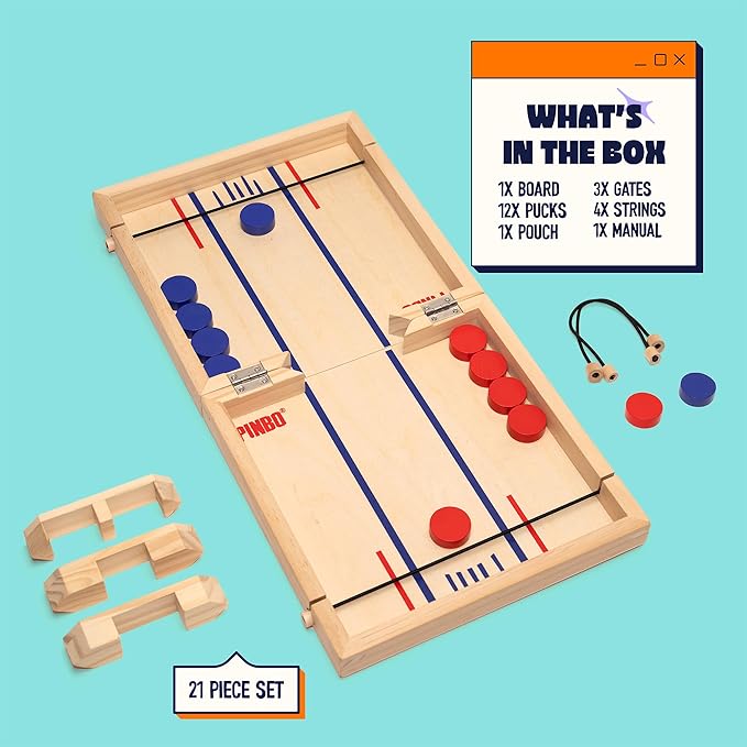 Pinbo Sling Puck Game (18) Premium Wooden Foldable Board | 2 Player Tabletop Game for Adults &amp Kids | Travel Friendly Classic Slingshot Game