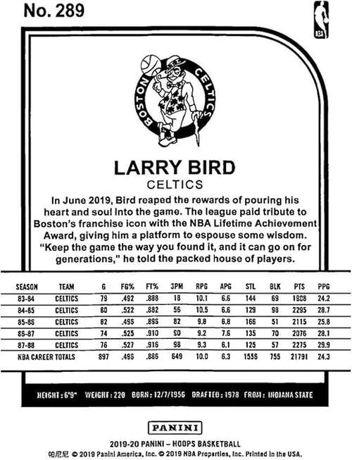 2019-20 Panini Hoops Winter #289 Larry Bird Boston Celtics NBA Basketball Trading Card