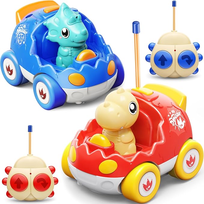 2 Pack Dinosaur Remote Control Cars Toys for Kids 2 3 4 5 Years Old Easter Present Birthday Gifts for Boys and Girls Ages 2-5 Dino Race Car Toddlers Toys with Music and Light(Red Blue)