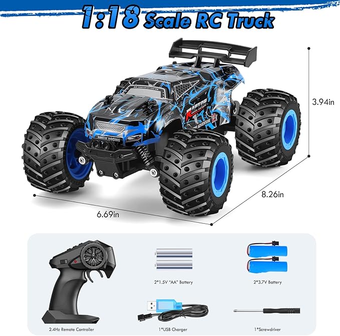 Remote Control Car 1:18 Rc Cars All-Terrain RC Truck with LED Light 20KM/H Rechargeable 2WD 2.4GHz Sturdy PVC Shell Remote Control Truck for Boys 4-7 8-12 Beginner