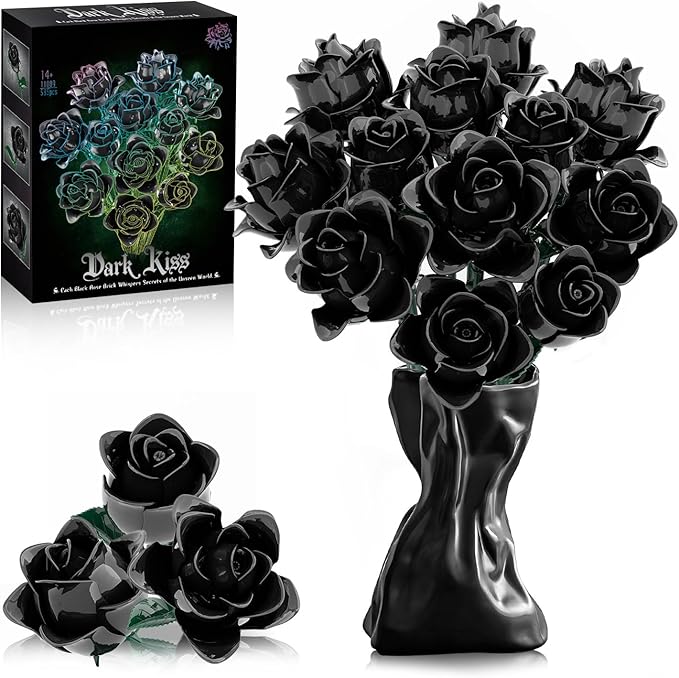 Black Roses Bouquet Building Set Artificial Flowers Botanical Collection Building Block for Adults Gothic Home Decor for Women Girls Compatible with Lego Flowers 585 PCS