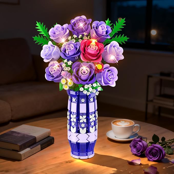 Purple Roses Flowers Building Set with Vase &amp LED Light 17 Mini Flowers Bouquet Building Blocks Toy for Adults Artificial Flowers for Home Office Decor &amp Display Gifts for Women &amp Men