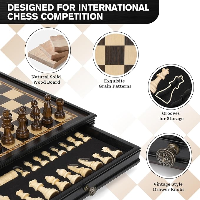Peradix Magnetic Chess Checkers Board Sets with 2 Built-in Storage Drawers12.8 Classic 2 in 1 Wooden Games with 2 Extra Queens for Kids and AdultsTravel Portable Chess Game Set