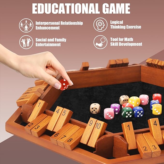1-6 Players Shut The Box Dice Games Wooden Board Table Math Game with 16 Dice and Instructions Classics Close The Box Board Game for Adults Kids Family Classroom Home or Bar