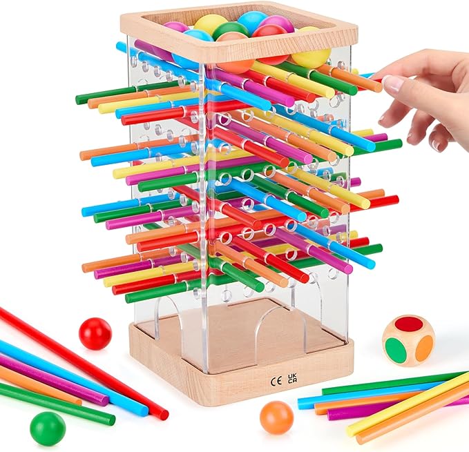 Montessori Wooden Board Games 48 Colorful Sticks Dice Game with 12 Balls Family Game for Kids and Adults Math Educational Toys for 3 4 5 6 Years Old Fine Motor Skills Toy Gifts for Boys and Girls