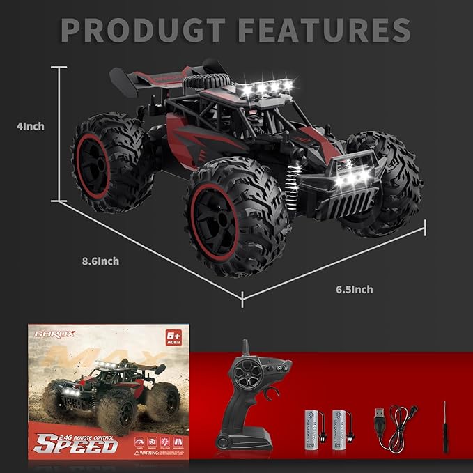 Carox Remote Control Car 2.4GHz 25KM/H High Speed RC Car 1:18 Off-Road Monster Truck with LED Lights and 1800mAh Rechargeable Battery – Ideal Gift for Boys 6+