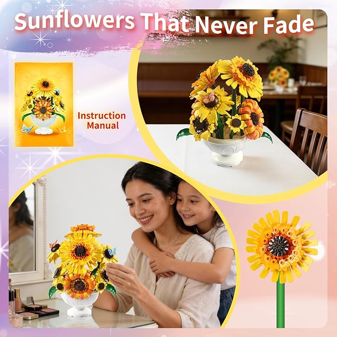 Sunflower Building Blocks for Adults 2-in-1 Botanical Flower Bouquet with Vase Van Gogh Inspired Sunflower Brick Set Decorative Flower Building Kit for Home Decor