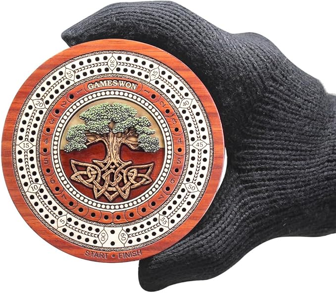 House of Cribbage - 2 Track 60 Points - Tree of Life Inlaid Wooden Travel/Pocket Size Cribbage Board - Size 4 Inch (Blood Wood/Maple Wood)