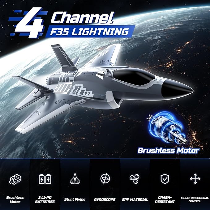 DEERC F35 4 Channel Brushless RC Plane for Adults Remote Control Airplane EDF Fighter Jet2.4GHz 6-axis Gyro Stabilizer EPP RTF Hobby Glider Aircraft Plane Easy to Fly for Advance Player