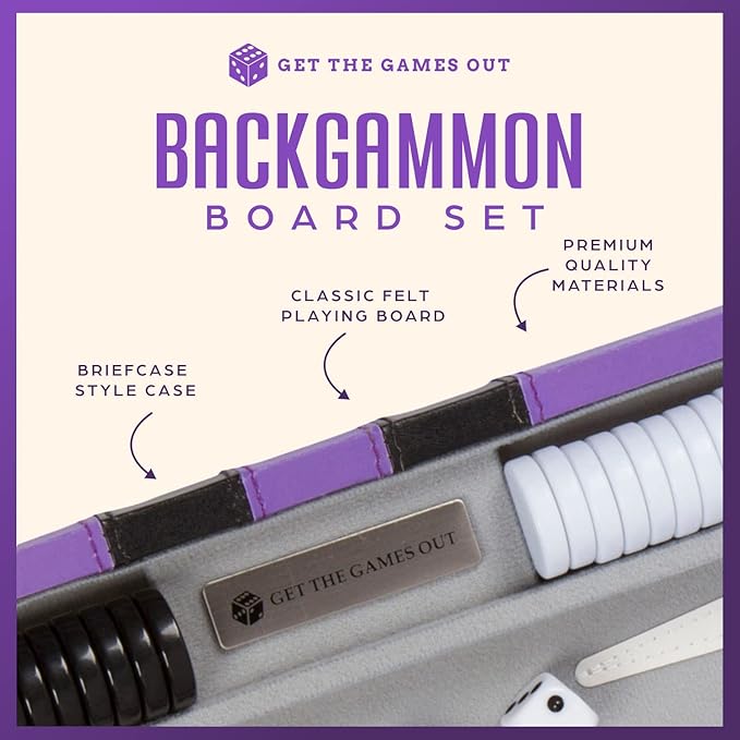 Get The Games Out Backgammon Set Classic Board Game Case 2 Players Includes Strategy &amp Tip Guide Perfect for Parties and Family Game Nights -Small Purple