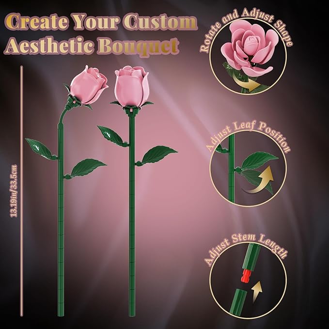 Pink Rose Building Flower Bouquet Set for Adults Compatible with Lego Flowers Artificial Plant Home Decor Creative DIY Building Toys Romantic Gifts for Her Birthday Valentine's Day Mother's Day