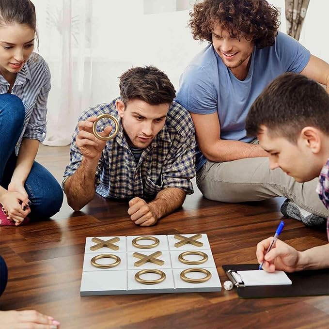 11.8x11.8 Inch Tic Tac Toe Wood Game Board Coffee Table Decor Modern Wooden for Board Table Top Living Room Decor Fun Family Party Adults Travel Ages15+(White Gold)