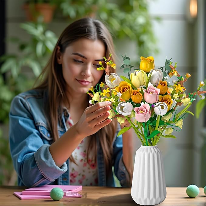 Tulip Rose Flowers Bouquet Building Set - Valentines Gifts Compatible with Lego Flowers Botanical Collection - Christmas Mother's Day &amp Valentine's Gifts for Women &amp Girls Home Decor