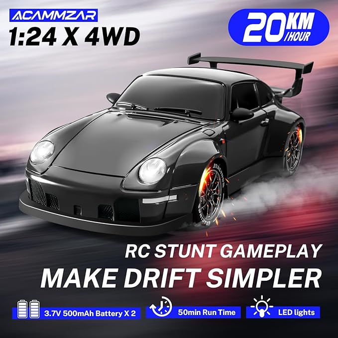 ACAMMZAR RC Drift Car 1:24 Remote Control Car for Kids 20KM/H 4WD High Speed RC Cars with Lights Extra Racing Tires Vehicle for Adults Boys Girls Black