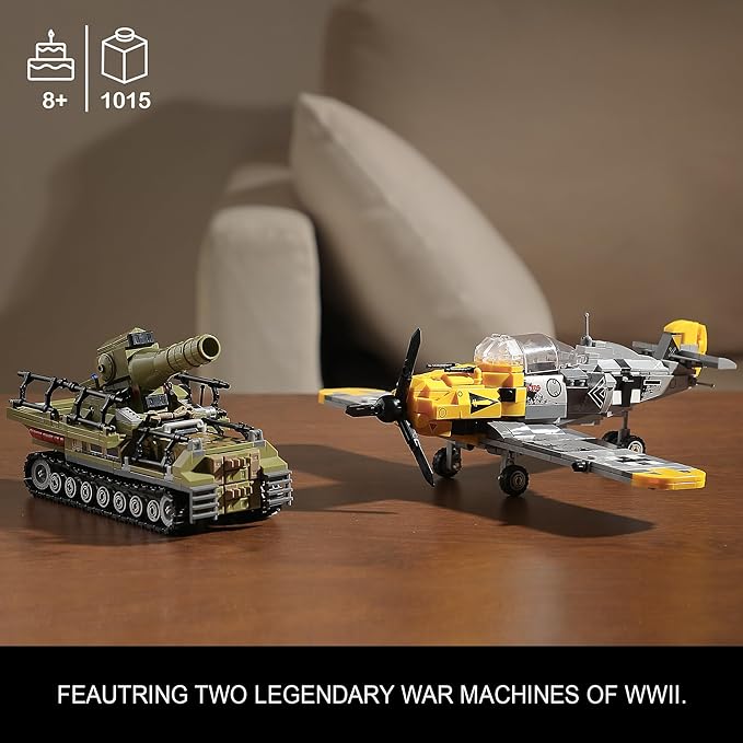 WW2 Military Toys Building Sets Compatible with Lego Create a BF109 Plane Fighter Jet &amp a Karl Giant Mortar Tank Great WWII Army Airplane Toy for Boys and Kids Age 8-12