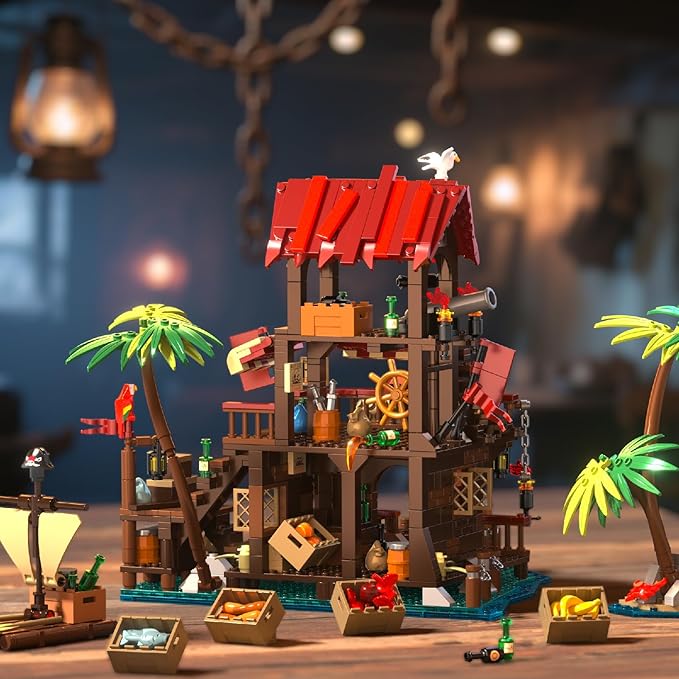 Viking Medieval Pirate's Bay Market Ship Wharf Building Set House Building Block Toy Medieval Architecture Bricks KitGift for Women or Adult 856pcs