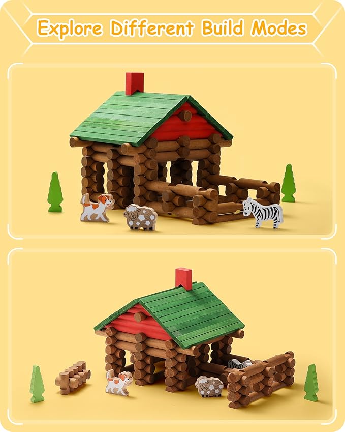 SainSmart Jr. 110 PCS Wooden Log Cabin Set Building House Toy for Toddlers Classic STEM Construction Kit with Colorful Wood Logs Blocks for 3+ Years Old
