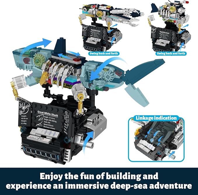 Mechanical Shark 3 in 1 Building Set 423pcs Compatible with Lego Shark Lantern Fish Octopus Models Deep Sea Ocean Kit Interactive Moving Base with Handle Control STEM Educational Toy for Kids 6+