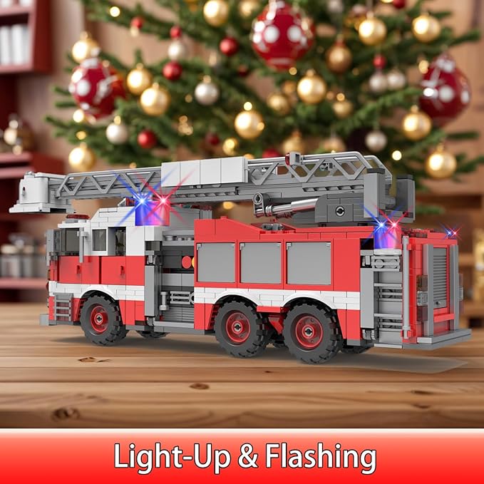 Light-Up Ladder Fire Truck Building Set – 720PCS STEM Toys for Kids &amp Adults City Firetruck Building Bricks with Flashing Lights Ideas Creative Gift for Birthday Christmas Compatible Building Br