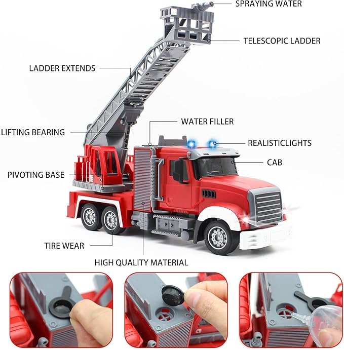 9 CH Remote Control Fire Truck Rc Fire Truck Toy Fire Truck with Lights Working Water Pump and Rotating Rescue Ladder 2.4G Firetruck Toy for Kids Boys Age 6-8 Gift