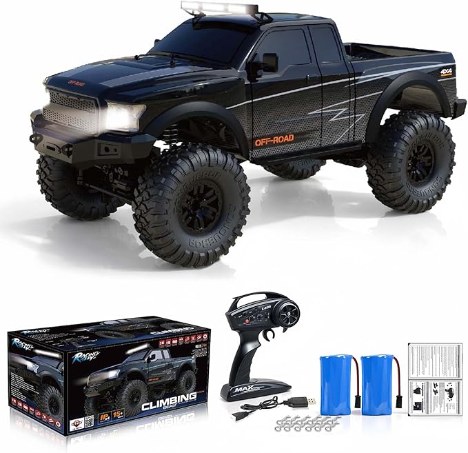 RC Cars RC Crawler 1/10 Scale RTR Remote Control Car 4WD 2.4GHz Brushed Offroad Racing Hobby Grade Model Vehicle with LED Lights 2Pcs Battery Toy for Kids and Adults