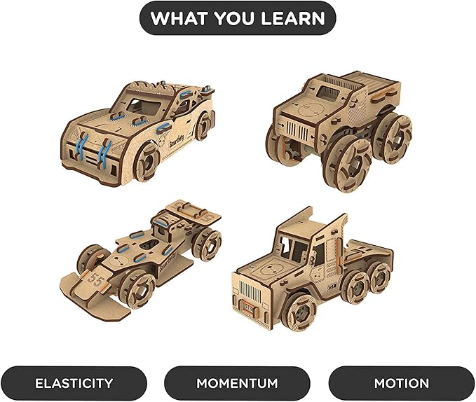 Smartivity Torque Busters 3D Wooden Car Engineering STEM Toy Building Set for Kids Ages 6 and Up Includes Rubber Bands Engineered Wood Components Instruction Manual Learner's Log