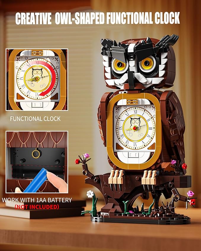Owl Clock Building Blocks Set STEM Building Toys with Functional Clock Collectible Bird Display Model for Home Decor Christmas Birthday Gift for Adults &amp Boys 8-14 (964Pcs)