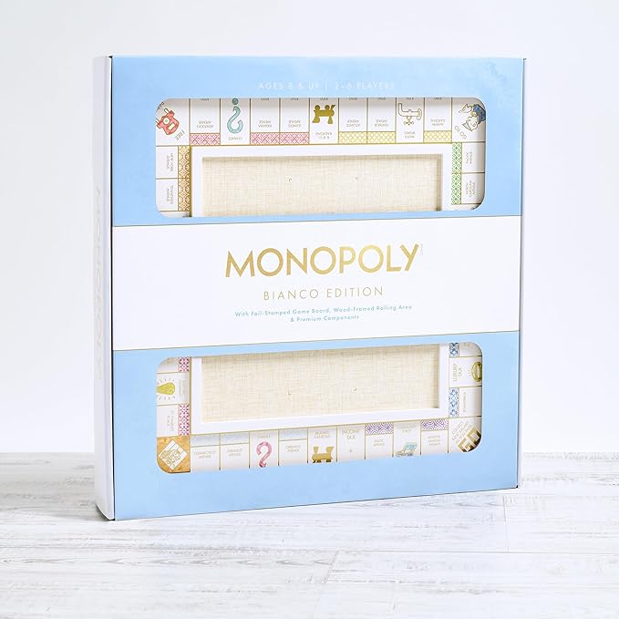 WS Game Company Monopoly Bianco Edition White Wood Board Gold-Tone Tokens Grasscloth-Textured Center Solid Wood Houses &amp Hotels Premium Accessories Board Games for 2-6 Players