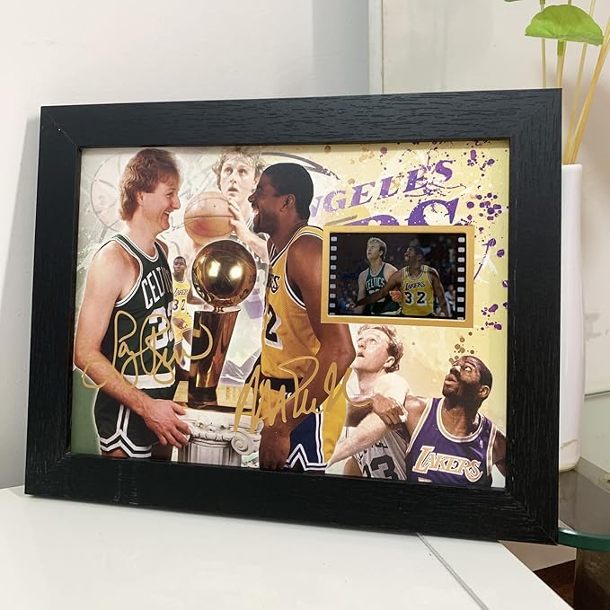 veratwo Signed Larry Bird &amp Earvin Johnson Basketball Poster Framed Photo Gift 8x6 Incheswith 1x 35mm Film DisplayCool Basketball Memorabilia Gifts for Huge NBA Fans