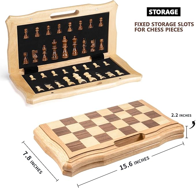 AMEROUS 15.6 inches Magnetic Wooden Chess Set Handheld Style Chess Board Game Sets with Game Pieces Storage Slots - 2 Extra Queens - Gift Package Chess for Beginner Kids and Adults