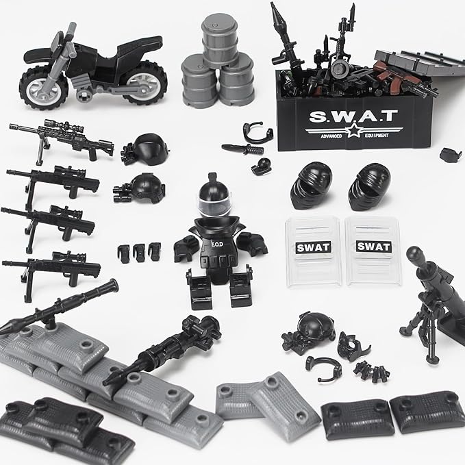 SWAT Team Weapons Pack with Shipping Cargo Container Army Equipment Helmet Armor 325Pcs Various of Military Accessories Building Block Toy Compatible with Major Brands Police Soldiers Figures (Black)