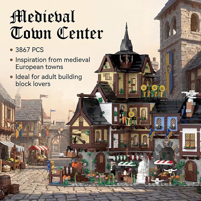 Medieval Town Center Building Set for Adult Architecture Viking Village Town Center Building Block House Collection Toy Creative Present for Adults and Teen(3867PCS)
