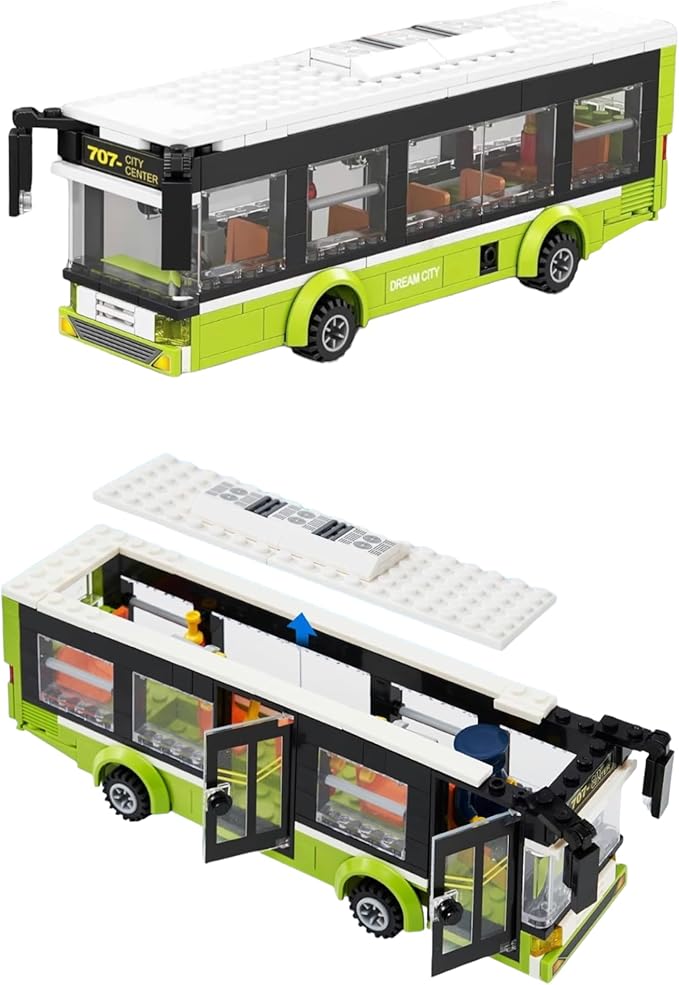 General Jim's City Bus Building Blocks Set - 415-Piece Urban Playset with Functional Doors Removable Top and Bus Stop - Compatible with Major Brick Building Brands