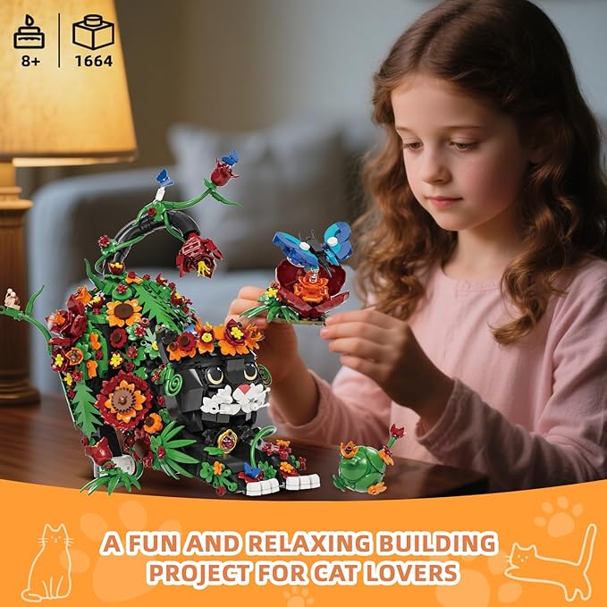 Flowers Tuxedo Cat Building Set for Adults Animal Butterfly Botanical Collection Model Toy for Home Office Decor Compatible with Lego Cat Gift Idea for Teens Boys &amp Girls 14+ (1664 PCS)