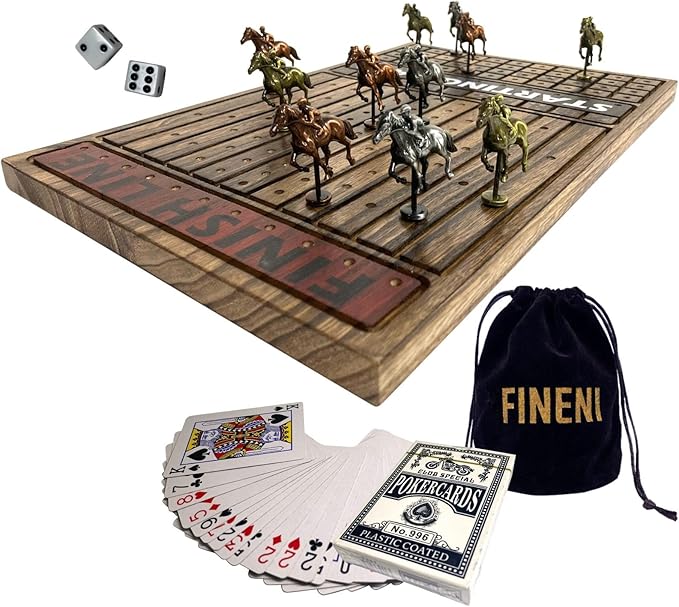 Horse Racing Game for Adults Horse Race Board Game with 11 Luxurious Antique Matt Metal Horses(Bronze Brass Silver) 19” Wood Horse Race Game Board Dice &amp Card Included (Log)