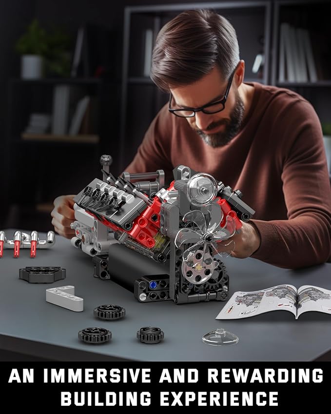 Mould King 10225 V8 Engine Model kit That Runs- Build Your Own STEM V8 Model Engine with Transmission 8-Cylinder Car Engine kit Building Engineering Toys for Adults Collections (855+PCS)
