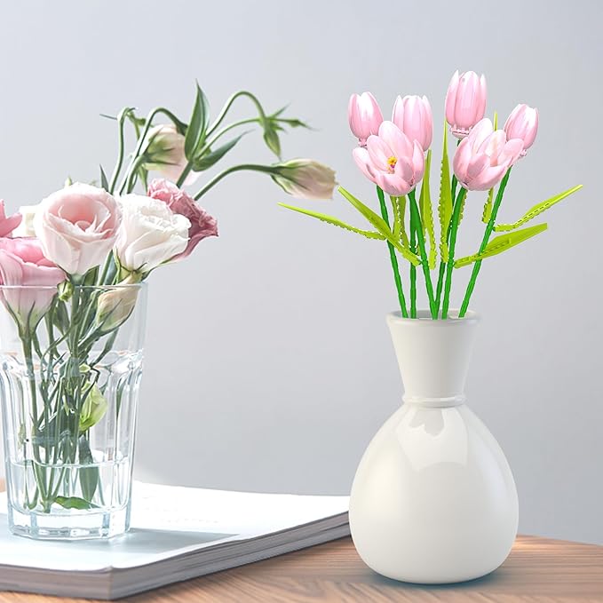 Flower Bouquet Building Toy Set Tulips Botanical Building Blocks for Adults Home Office Decor Pink Color