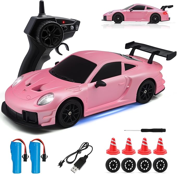 RC Drift Car 1:24 4WD Remote Control Cars Vehicle with LED Light2.4GHz 20KM/H High Speed RC Cars with Two Batteries &amp Drifting Tires Racing Sport Toy for Adults Boys Girls Kids Pink