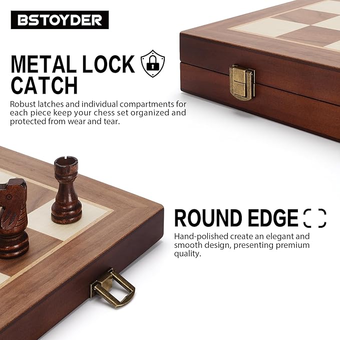2 in 1 Magnetic Wooden Chess and Checkers Board Game Set 15 Folding Chess Boards with 2 Extra Queens Portable Travel Chess Sets with Pieces Storage Slots Beginner Chess Game Set for Kids Adults