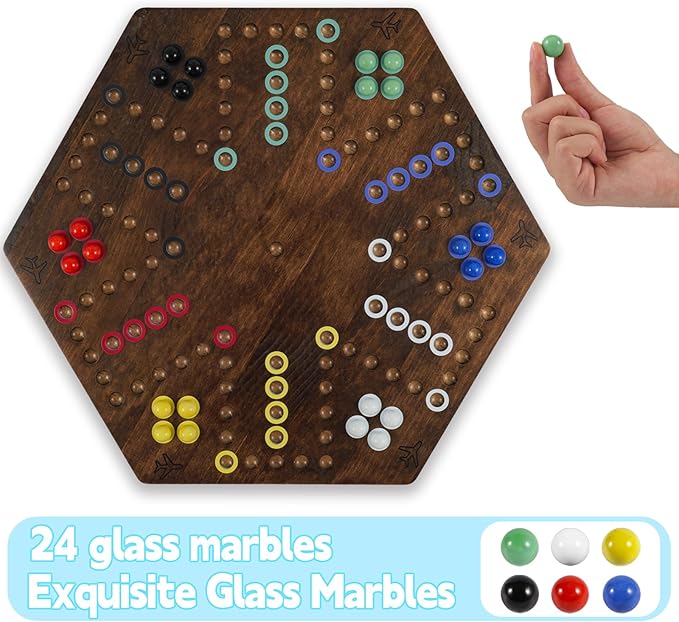 Wahoo Board Game - 23.6 inch Marble Game Board with 24 Glass Marbles and 6 DiceSolid Wood Double-Sided Game Board for 4 or 6 Players - Family and Party Game