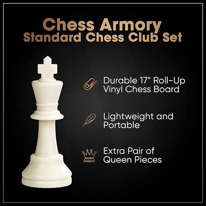 Chess Armory Roll Up Chess Set - 17 On-The-go Travel Chess Set - Vinyl Roll Up Portable Chess Board &amp 2 Extra Queens - Light and Mobile Chess Set - Play Chess Anywhere Anytime!