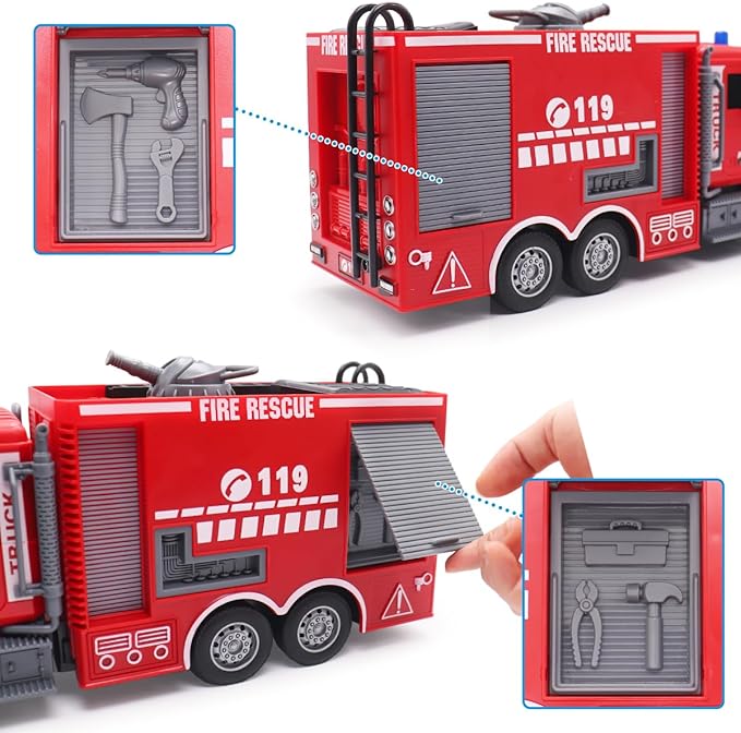RC Fire Truck Toy - Remote Control Toy Fire Truck - Rescue Fire Engine 11 CH with Rotating Water Spraying Pump Lights Sounds 2.4G Firetruck Toy for Kids Boys