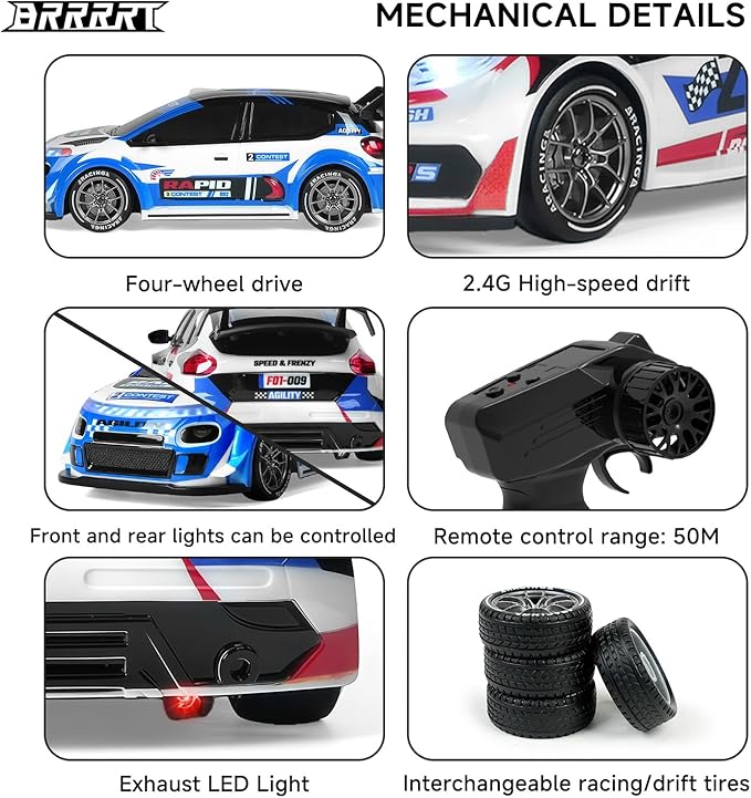 BRRRRT 1:24 Remote Control Rally CarDrift Car with LED Lights4WD High Speed Remote Control Cars for Boys and Girls Age 6+
