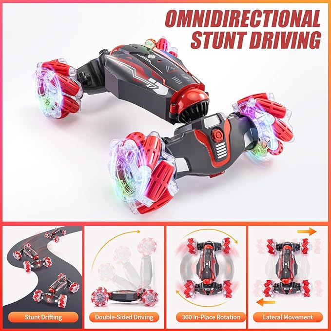4WD Stunt Car 2.4 GHz Gesture Sensor RC Cars Double-Sided Vehicle 360° Flip RC Twist Buggy with Music Spray - Best Christmas and Birthday Present for Boys and Girls Aged 6-12 (Red)