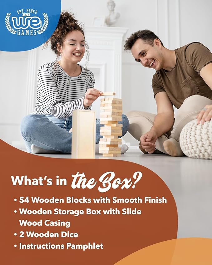 WE Games Wooden Block Stacking Party Game for Adults Tumble Tower Wedding Guest Book Alternative Tabletop Games Includes Storage Case 12 inches
