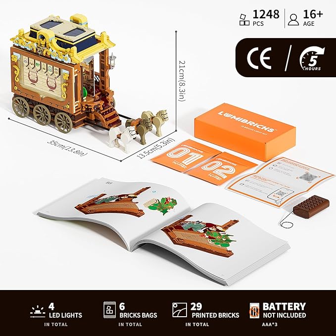 Medieval Troupe Carriage Lighting Building Bricks Set - Middle Ages City Town Playset Multi-Form Modular Collection Display Kit with Minifigures 1248 Pcs for Adults &amp Teens