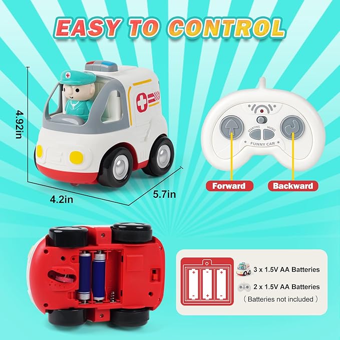 Remote Control Car for Kids - Cartoon RC Ambulance Toy for Toddlers 18+ Months Ages 2 3 4 5 Years Old Birthday Gifts for Boys with Lights &amp Sounds &amp Music
